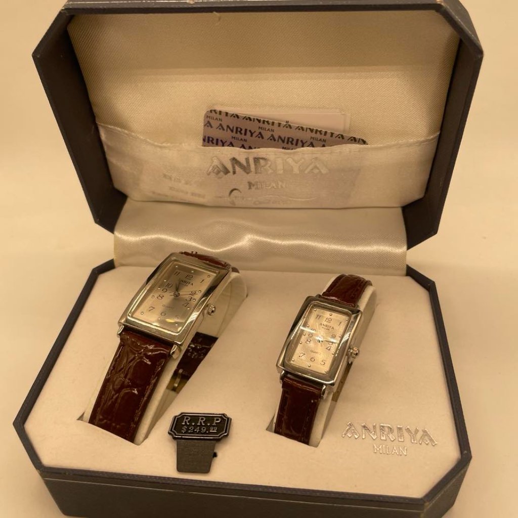 Nib Anriya Milan Men's And Women's Brown Leather Wristwatch Set